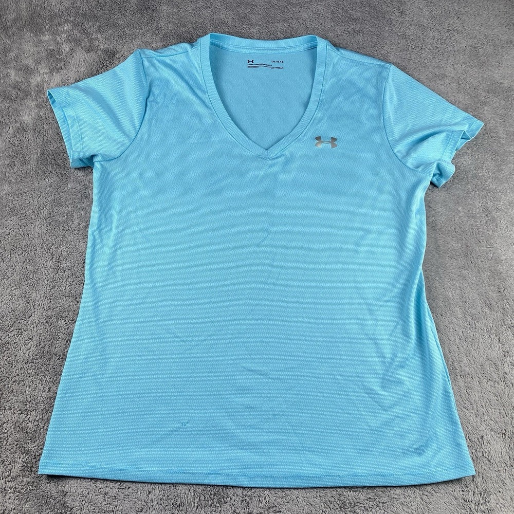 Under Armour Tech Short Sleeve V-Neck  Loose Heatgear T-Shirt Womens Large Blue